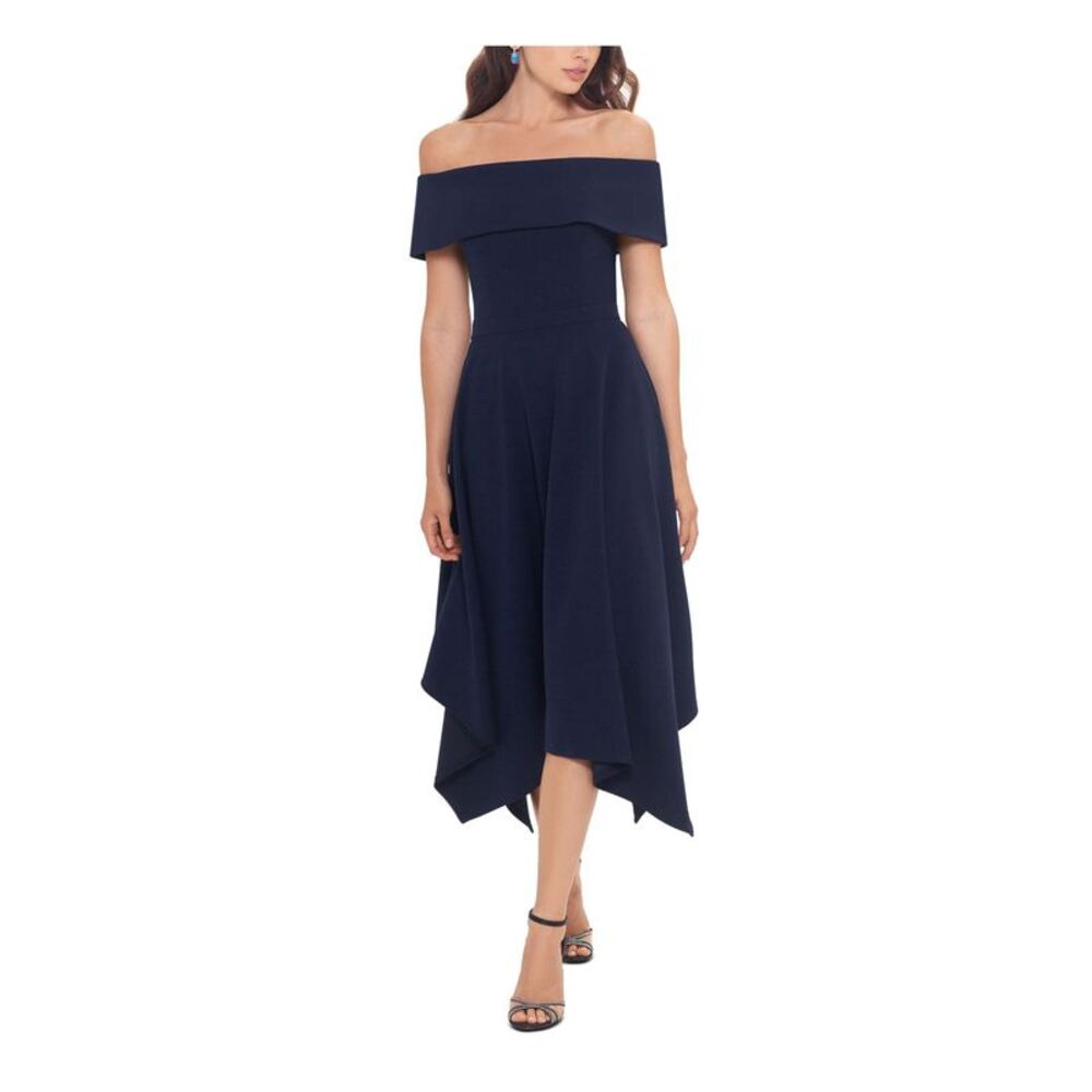 XSCAPE Womens Navy Scuba Crepe Handkerchief Hem Short Sleeve Midi Dress 10